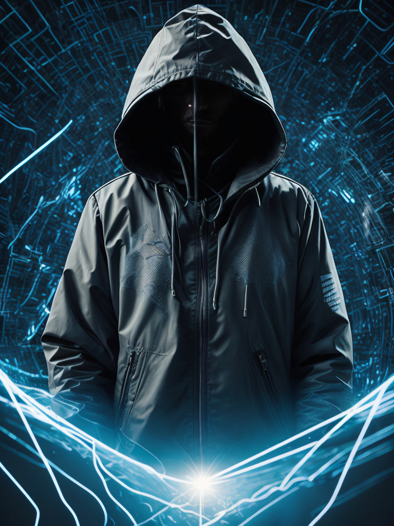Cybersecurity theme background using olor blue and gray. Full of digital lines and codes. Subject is a Hacker in black hoodie sending virus through computer.