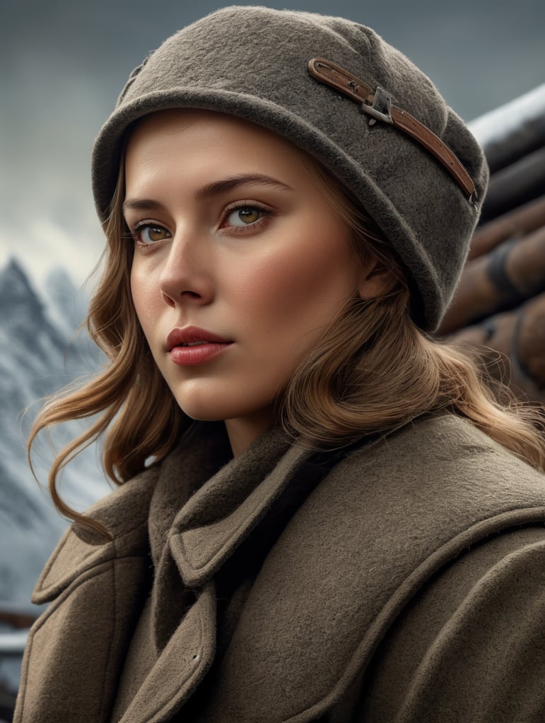 world war 2 era girl in an all-wool mackinaw, on a blank background.