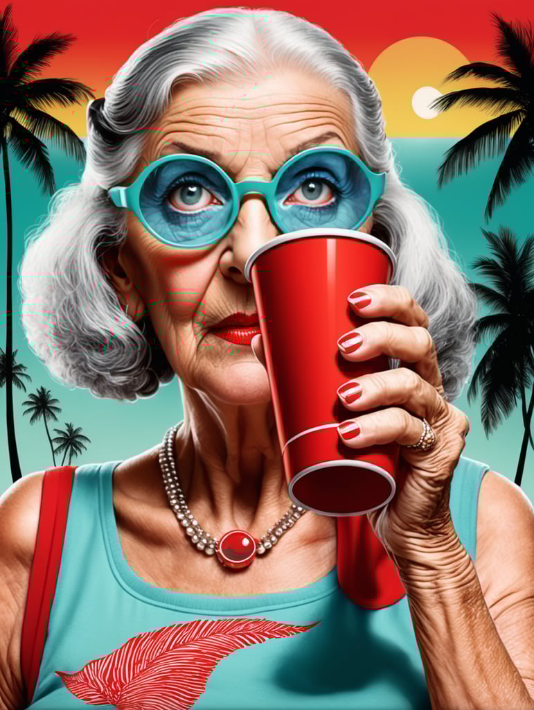 Miami granny holding a red cup eye-catching poster-style drawing and illustration representing the iconic pulp style.