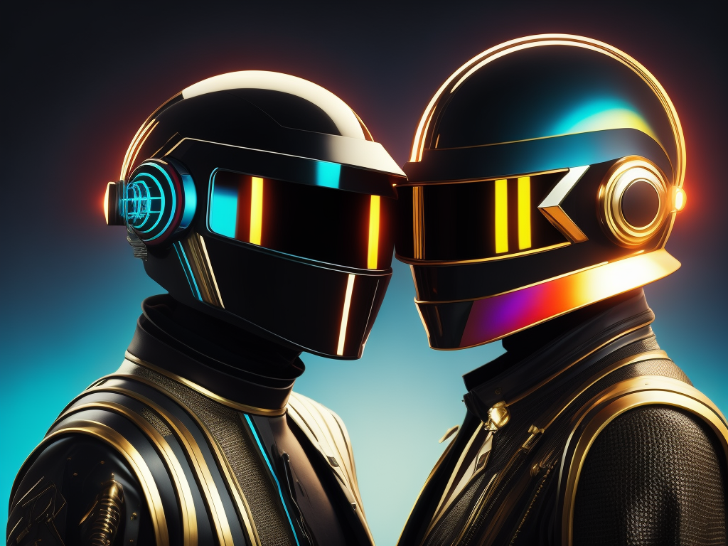 daft punk portrait, hyper realist, incredibly high detail, saturated colors, spacial blurred background, dramatic lighting, futuristic