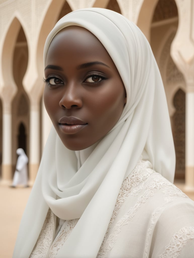 Senegalese women wearing white hijab at the touba masjid, 8k, realistic sony vi