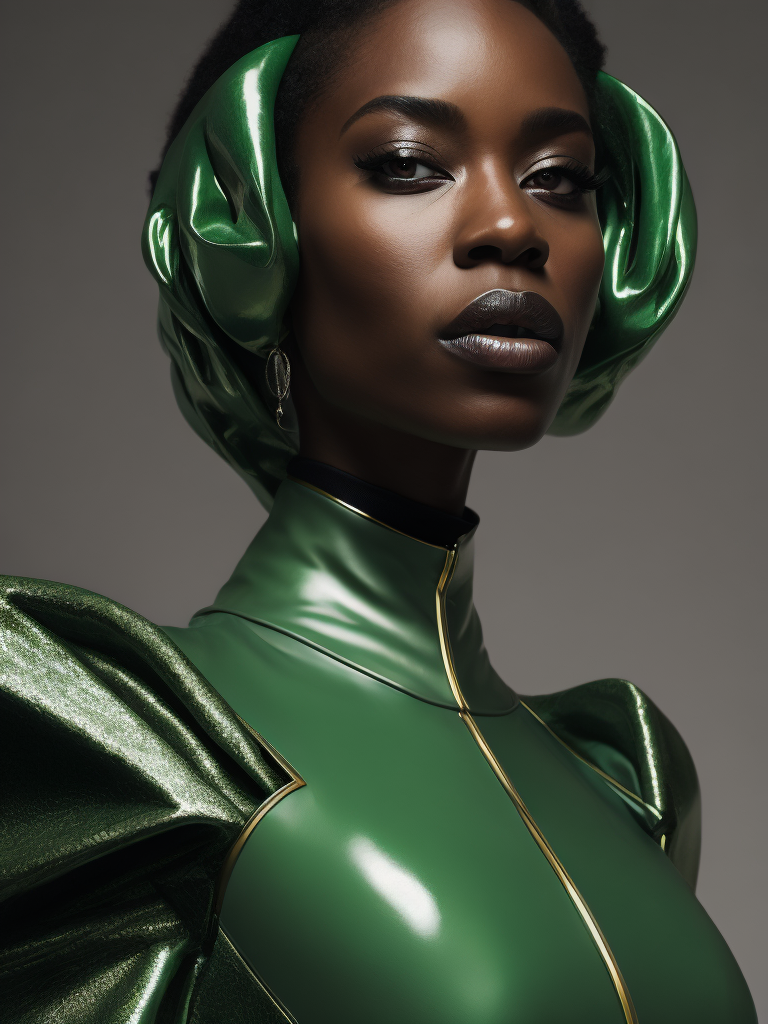 Resolute ebony woman model, gazing diagonally, adorned in extravagant and avant-garde attire, featuring plastic and latex elements, abstract forms, asymmetrical techno embellishments, dominant green hue, 4k resolution, medium frame, cinematic capture, reminiscent of Iris van Herpen aesthetics.