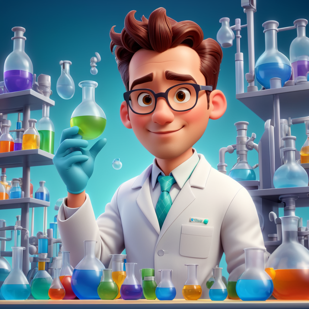 3d male chemist in the lab Diney Pixar Cartoon style