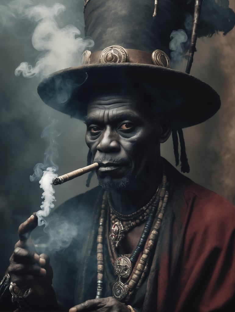 Premium Free ai Images | traditional voodoo man smoking big pipe papa legba