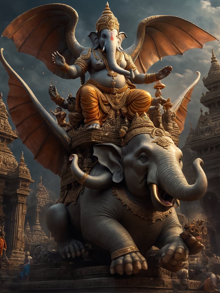 A loving couple on a Ganesh statue taking flight