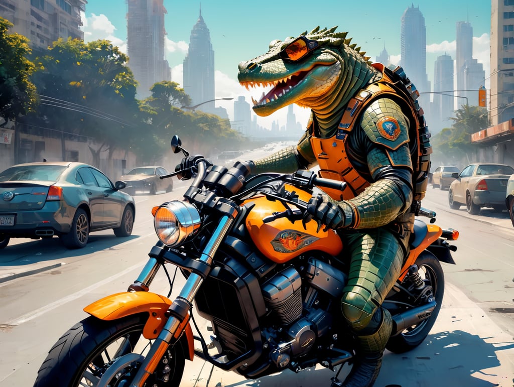 a crocodile with a gun on a motorcycle wearing a helment and sun glasses in front of a city