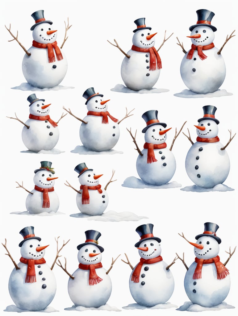 Snowman, different angles and expressions, full body only character sheets, multiple poses, white background, whimsical watercolor