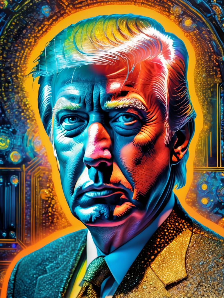 Fine Art Fluorescent Pointillism Sci-fi Surrealism Photography, Futuristic Donald Trump, Portrait made of hyper-detailed transparent frosted plastic, Moebius Bernard Buffet, van Gogh, Vermeer, Erin Hanson, Pierre Soulages, National Geographic, textured depth, vibrant fluorescent hyperrealism photo