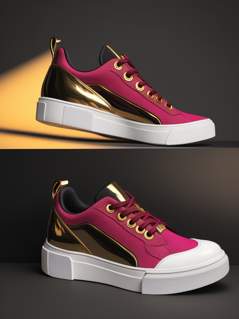 realistic photo of women sneaker shoes, 5 cm heel, with colors viva magenta, white and golden lines