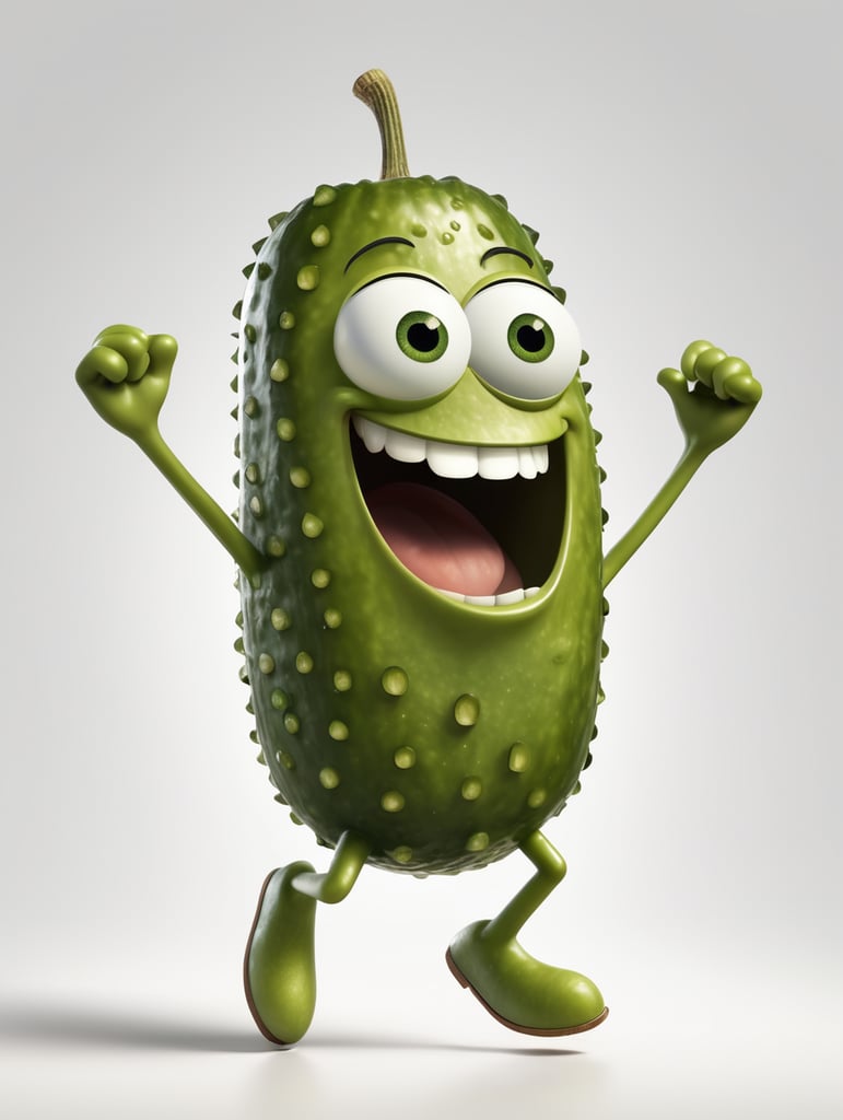 a realistic happy pickle dancing, WHITE background, in the pixar style!