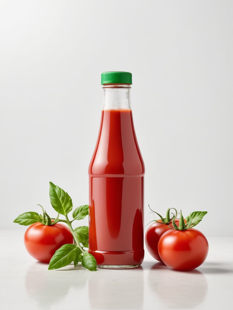 tomato ketchup bottle, red tomato with green leaves, isolated, white background