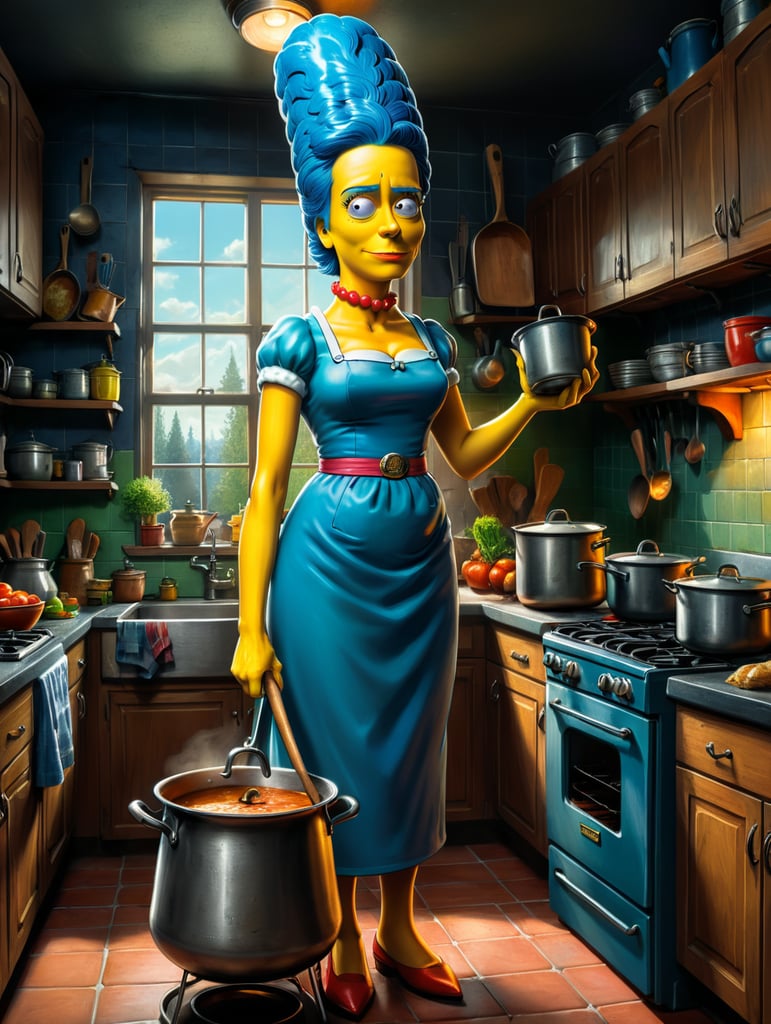 Marge Simpson drawn by Matt Groening, standing in ger kitchen with a pot in hand