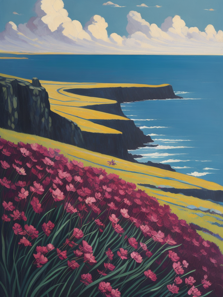 A painting by Andre Lhote. A painting of striking sea pinks, or thrift, along the coastal cliffs of Orkney combines Cubist and Fauvist styles to showcase the captivating beauty of these resilient flowers. The composition utilizes bold shapes and a palette of vivid pinks, blues, and greens, highlighting the contrast between the delicate blossoms and the dramatic, windswept landscape.