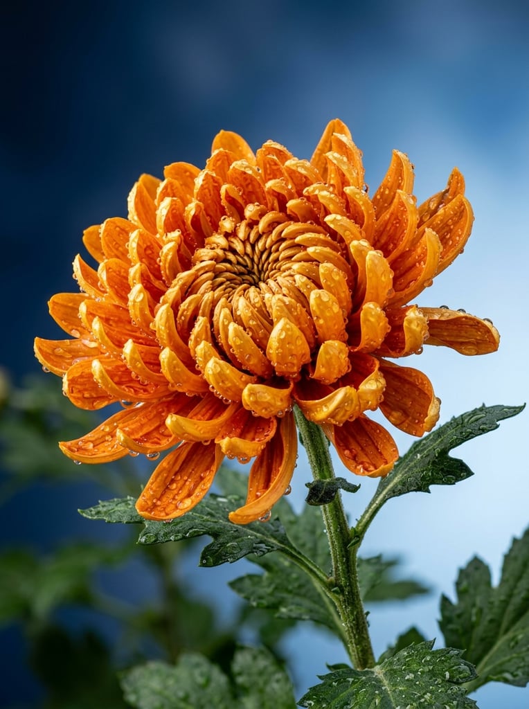 Vibrant orange chrysanthemum covered in glistening water droplets, captured in a hyper-realistic macro shot. Dense, curved glossy petals radiate from a tightly curled center atop a textured green stem with dark leaves. Crisp directional lighting contrasts the vivid bloom against a dramatic navy-to-pale-blue gradient sky.