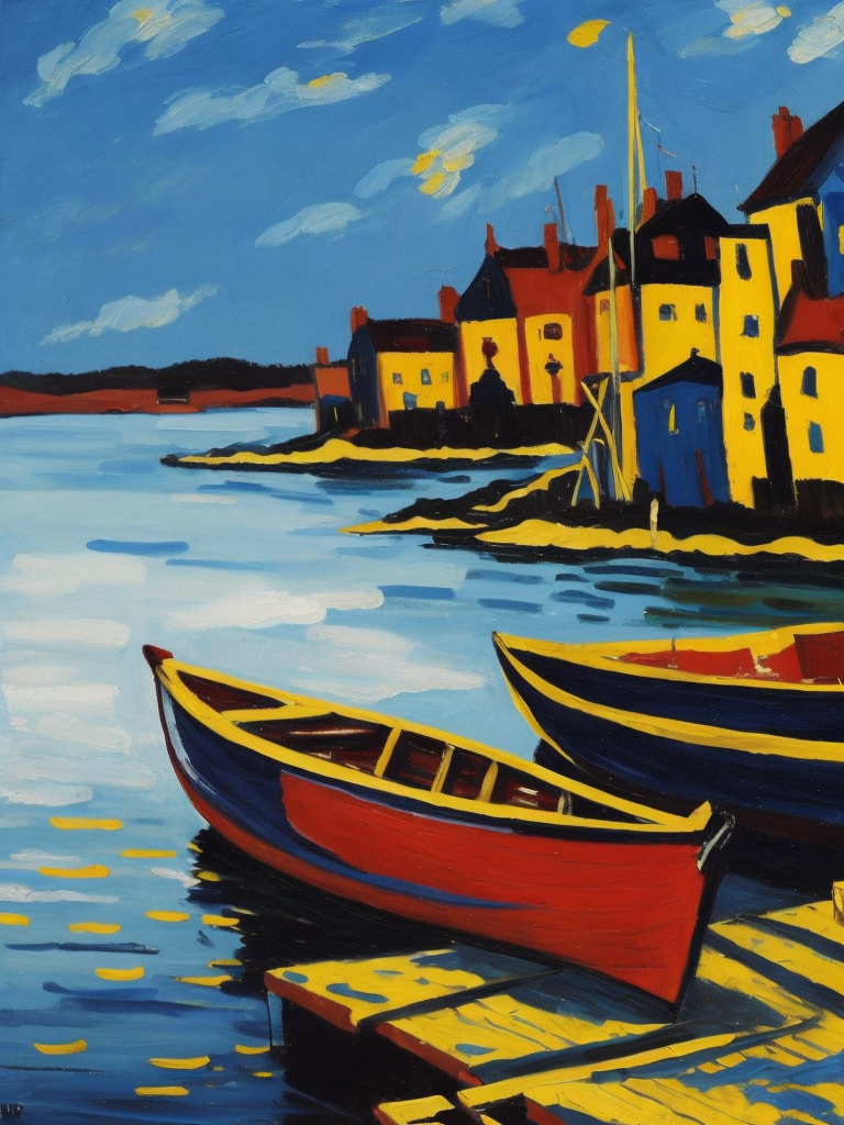 fauvisme style art, oil painting, a fisher boat tied to a jetty, by maurice de vlaminck,