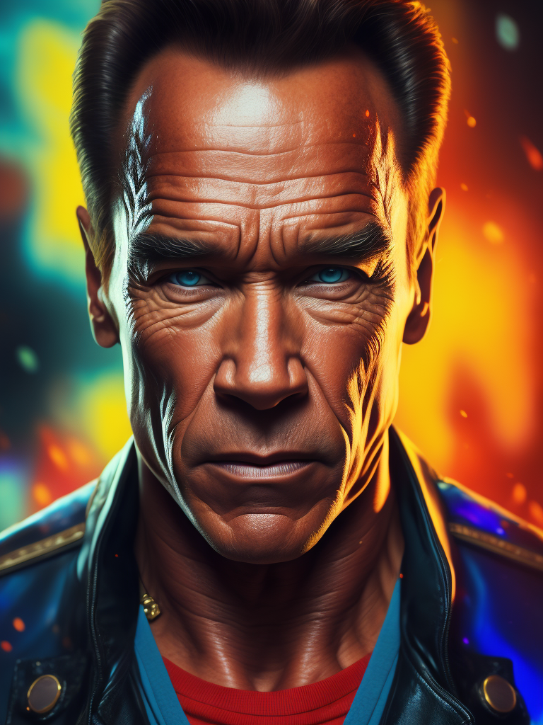 Portrait of Arnold Schwarzenegger, bright and saturated colors, elegant, highly detailed, vogue, fashion magazine, sharp focus, bright expressive makeup, dramatic lighting, depth of field, incredibly high detailed, blurred background