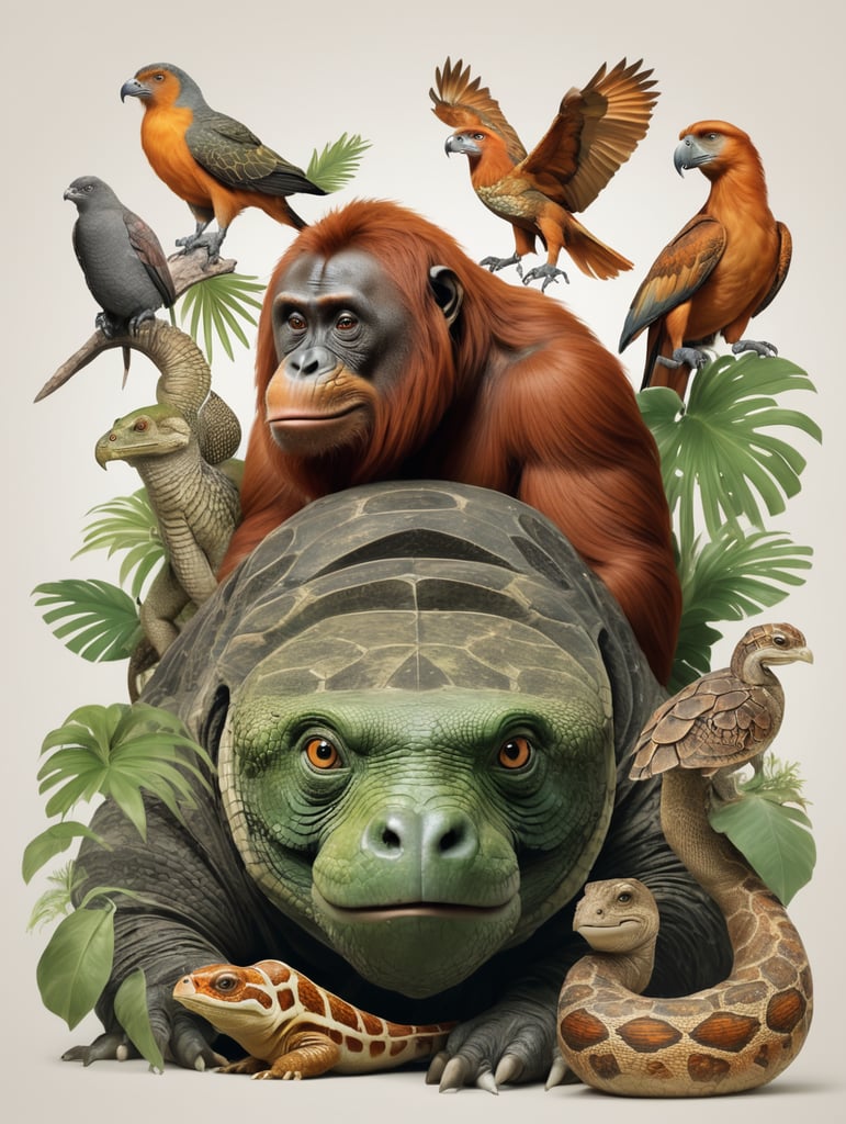 animal mixed with a lizard, orangutan, snake, bird, and turtle