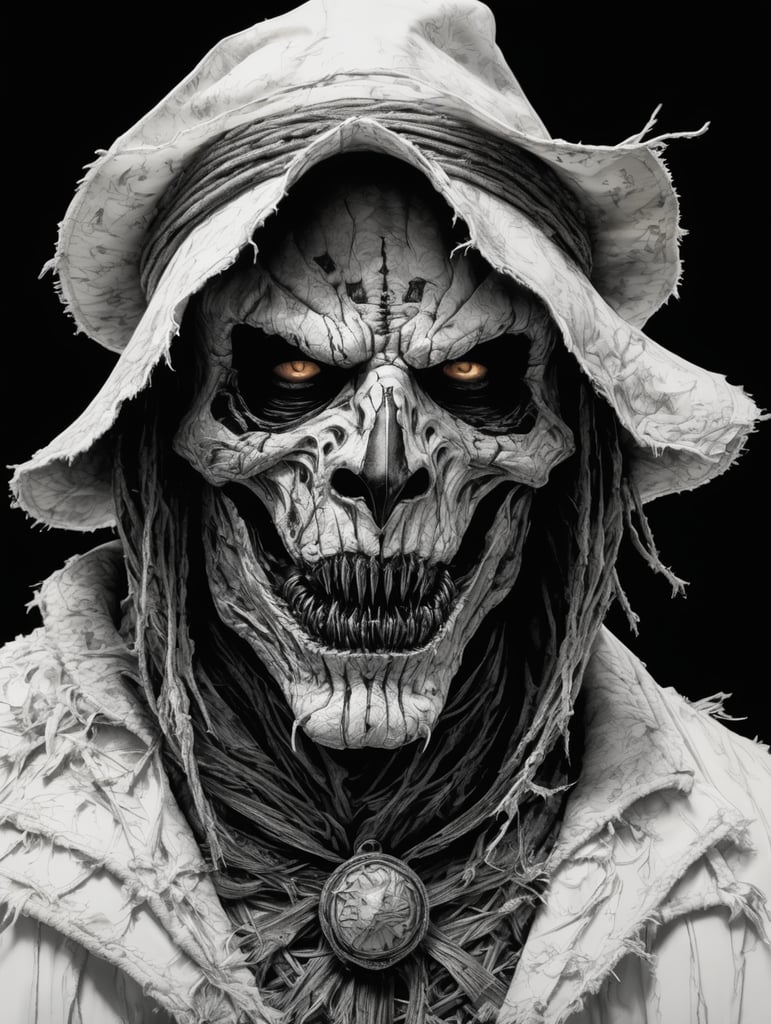 Pure Black and white pen sketch, scary ugly scarecrow on a white background