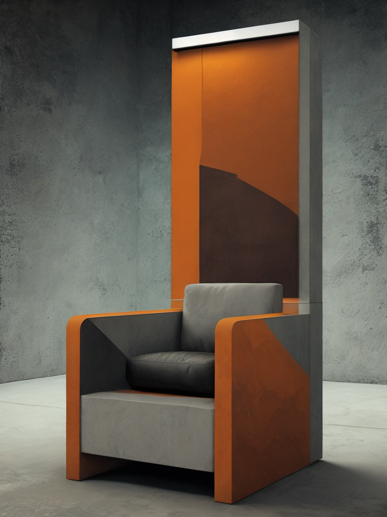 a chair made from concrete, modern design, flat shape, cube, grey background, modern art, everythink dark grey