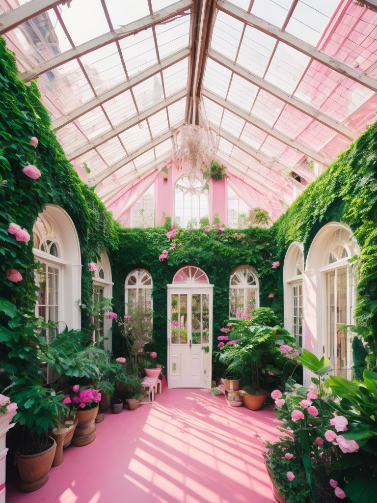 Architectural photo of a maximalist pink solar green house interior with lots of flowers and plants, golden light, hyperrealistic surrealism, award winning masterpiece with incredible details, epic stunning pink surrounding and round corners, big windows, art space, green house walls and celling