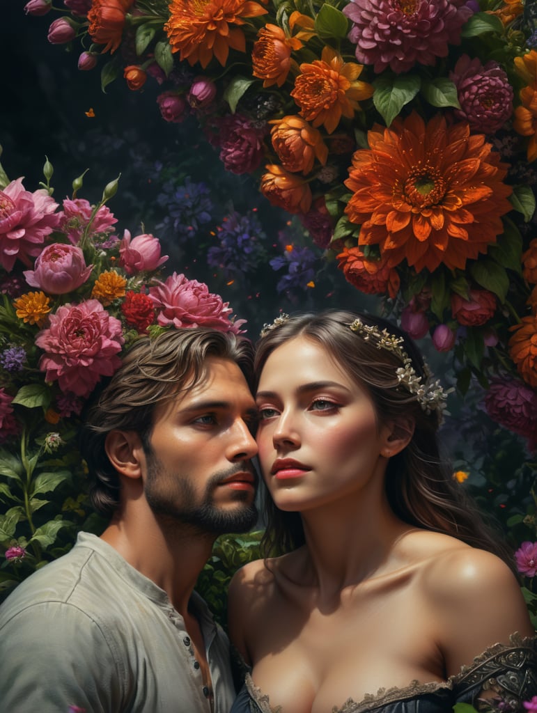 Çok güzel çiçekler içinde birbirine aşık iki insan