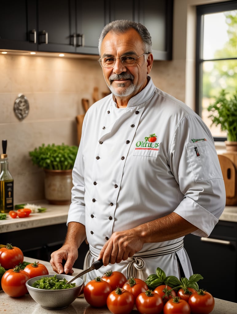 older italian Chef in the back of a kitchen counter with ingredients to make sauce. Fresh tomatoes, garlic, onions, carrots, celery, green peppers, virgin olive oil, salt, oregano, basil, parsley, and black pepper. in a kitchen background scene depth of field --