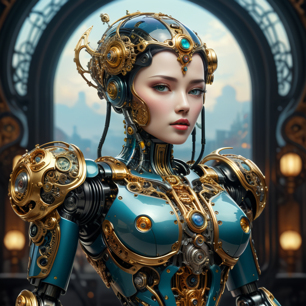 A female robot with an art Nouveau cyberpunk aesthetic, body is made from a delicate mechanical ornamental exterior reminiscent of a delicate gleaming porcelain and gold trimmed filigree should reveal a hollow see through body, hyper-surrealistic detailed 3d rendering digital art style, background galaxy sky