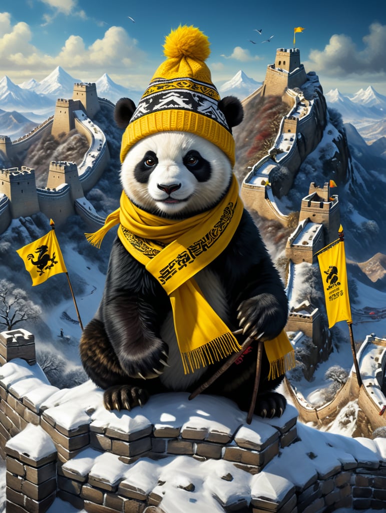white and black panda sitting on a snowy moutain greatwall wearing a woolly hat and scarf and great wall has many yellow dragon triangle flags
