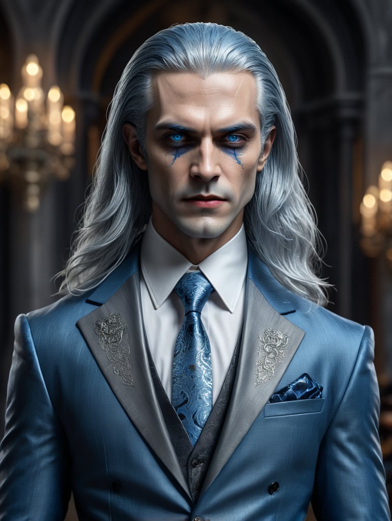 High society modern vampire with blue skin and long silver hair wearing a grey suit.