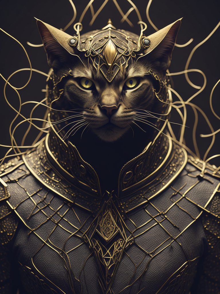 [anthropomorphism cat man], full body,in full growth, glowing eyes, looking at viewer, dark fantasy demon, gothic cyber, horror egyptian mythology, mysterious golden metal wires, fractional shiny crystals, cult ritual, (masterpiece:1.2) :: (best quality:1.2) :: (intricate) :: (wallpaper), global illumination, ray tracing,