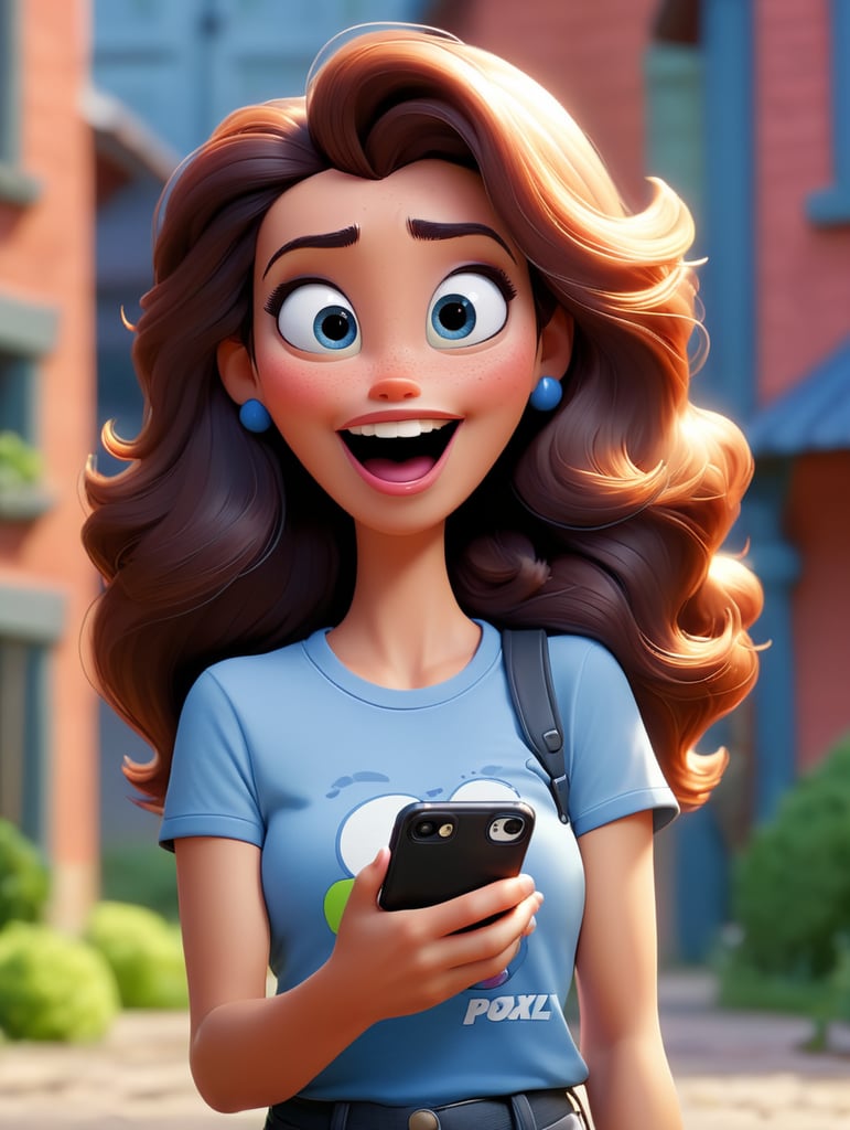 linda mulher jogando no celular e feliz de frente para camera com camiseta azul