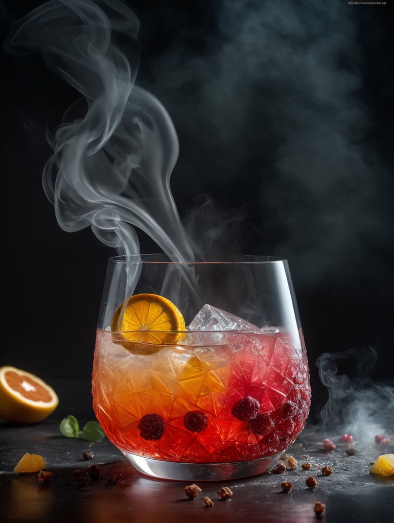 gin cocktail with a dried slice of fruit, smoke, professional food photography, depth of field,