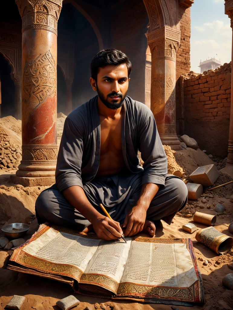 In the vibrant city of Lahore, there lived a young boy named Ali. He was a devout Islamic boy, spending his days reading sacred Islamic texts and praying five times a day. Despite his religious devotion, Ali was also a skilled house builder, known for his craftsmanship. One day, while working on a construction site, he stumbled upon an ancient scroll buried in the earth