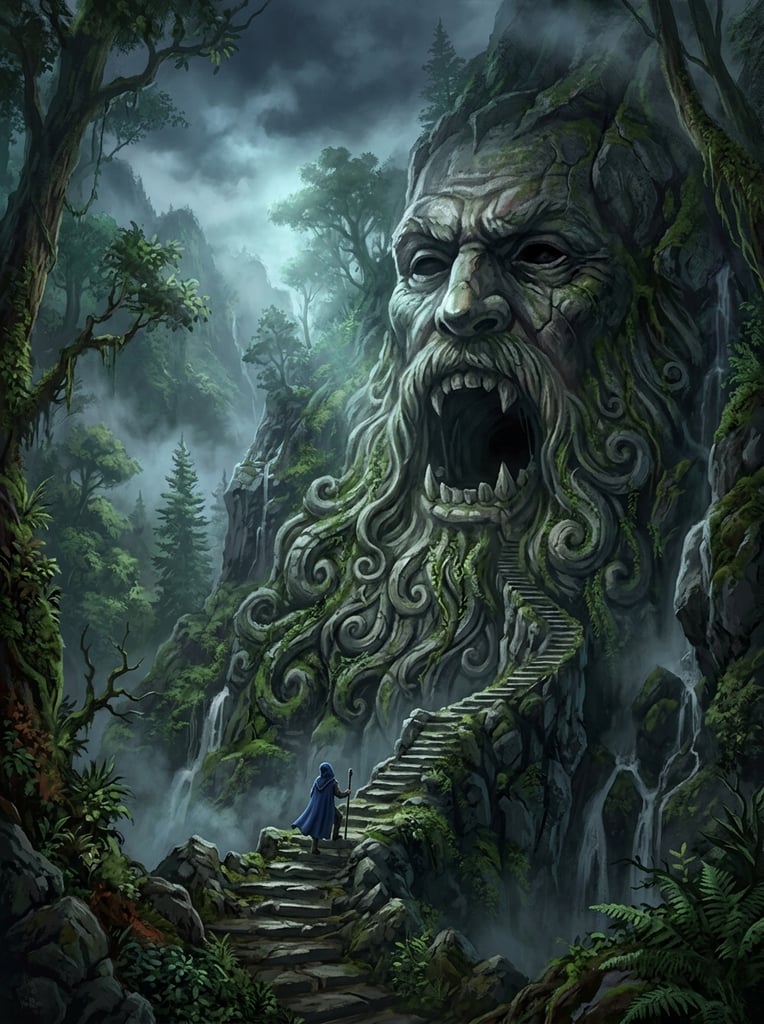 giant stone face carved into a lush mountainside, gaping mouth cave entrance with jagged teeth, tiny figure in blue cloak climbing winding stone stairs, swirling carved stone beard, misty green fantasy forest, atmospheric lighting, digital painting