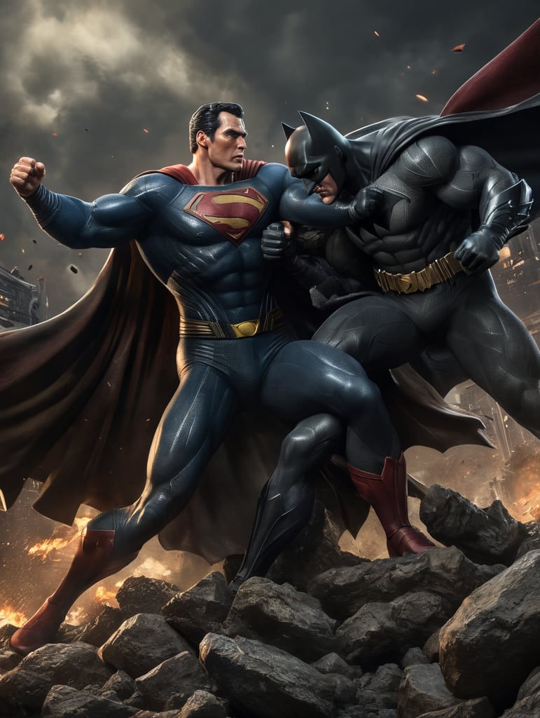Arnold schuarzeneger and silvester stalone fighting as Superman and batman