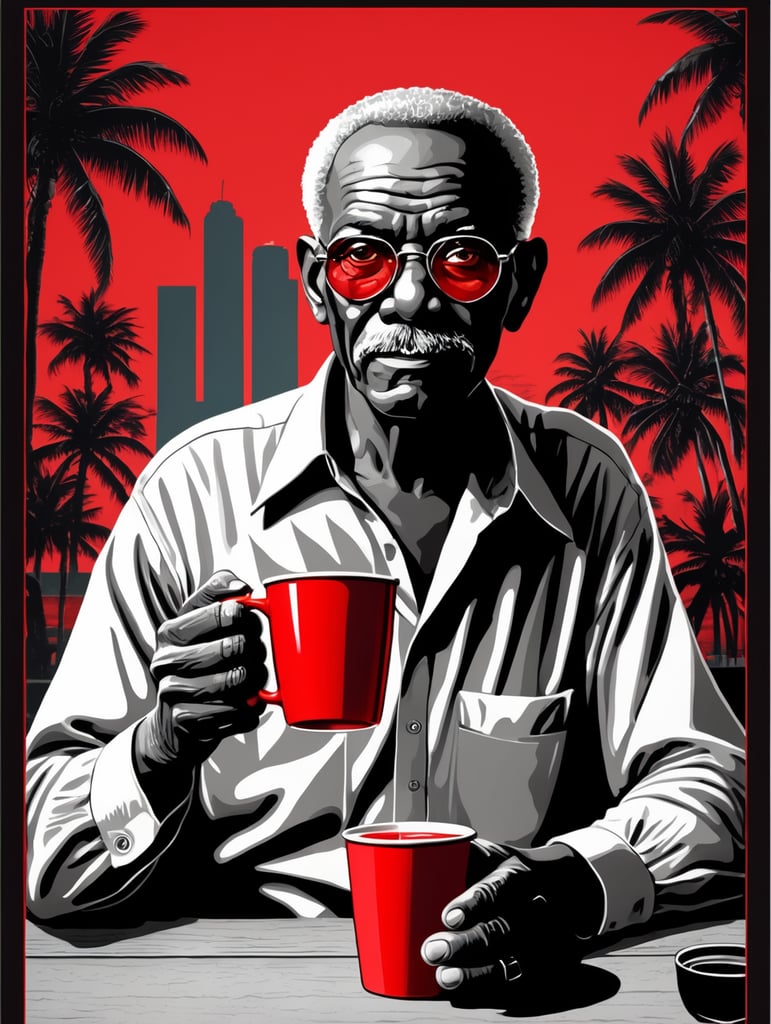Miami black old man holding a red cup eye-catching poster-style drawing and illustration representing the iconic pulp style.