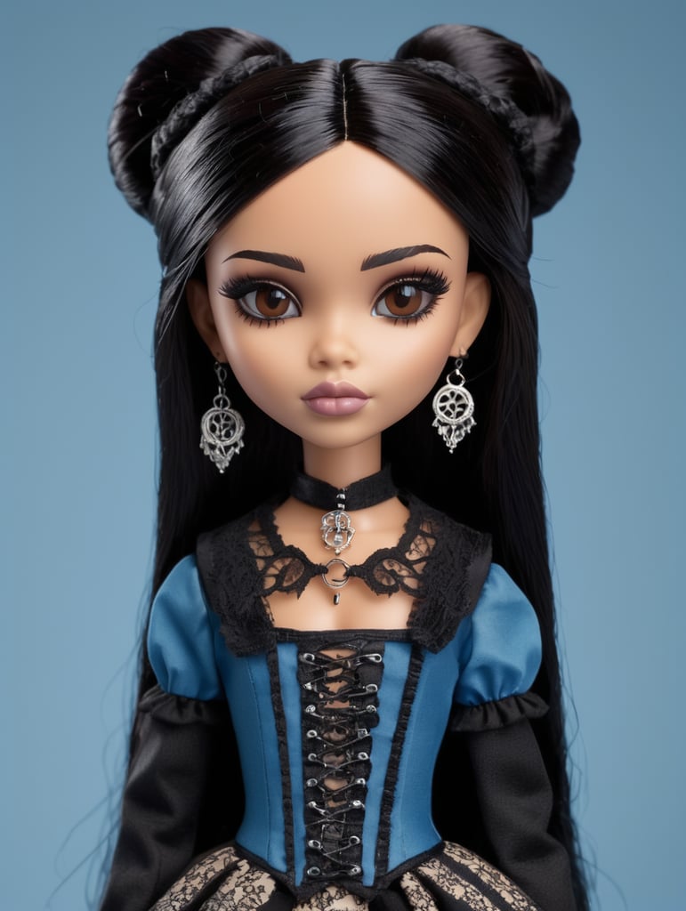 Bratz doll, beige skin tone, black hair medium length, brown eyes,cleft chin, wearing gothic clothes, on a blue background