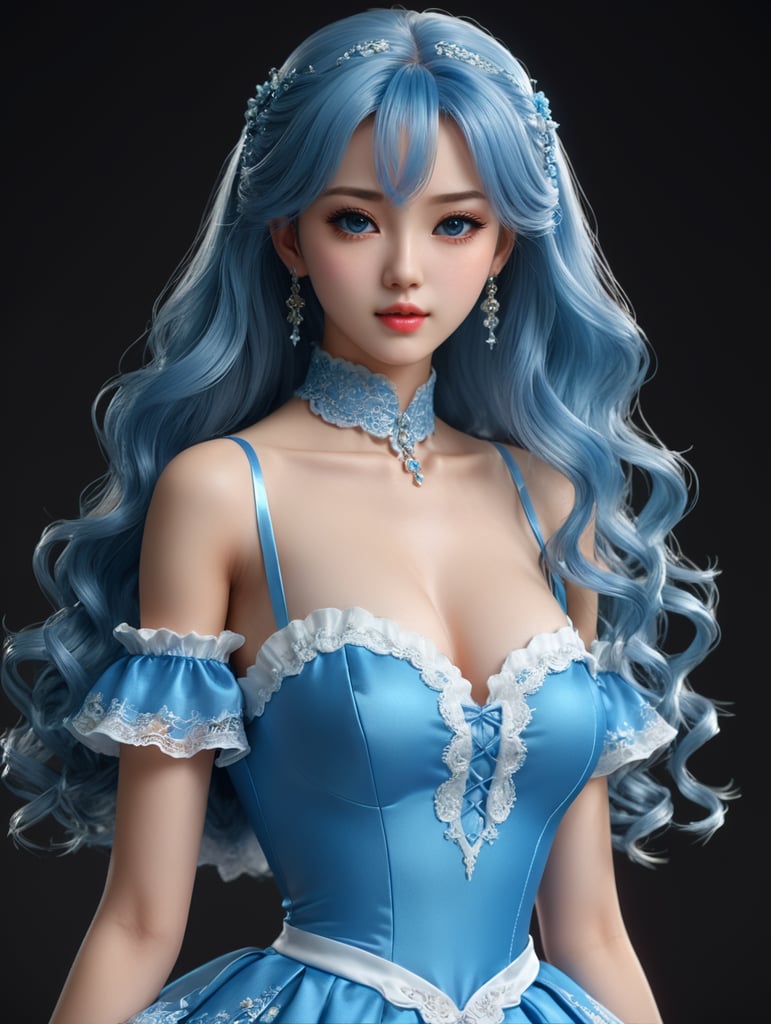a woman in a blue dress posing for a picture, artdoll, anime barbie doll, ulzzang, korean idol, by Lü Ji, realistic cute girl painting, anime girl in real life, beautiful pale makeup, photorealistic anime girl render, white beautiful hair, ”beautiful anime woman, doll, korean girl, beautiful south korean woman, pale, female anime character