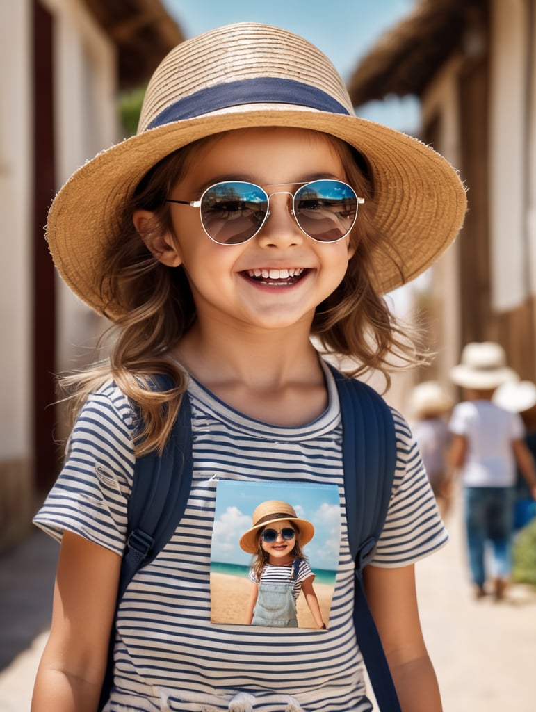 photo happy little girl going to travel, cute girl, Striped T-shirt, straw hat, sunglasses, harpers bizarre, cover, headshot, hyper realistic