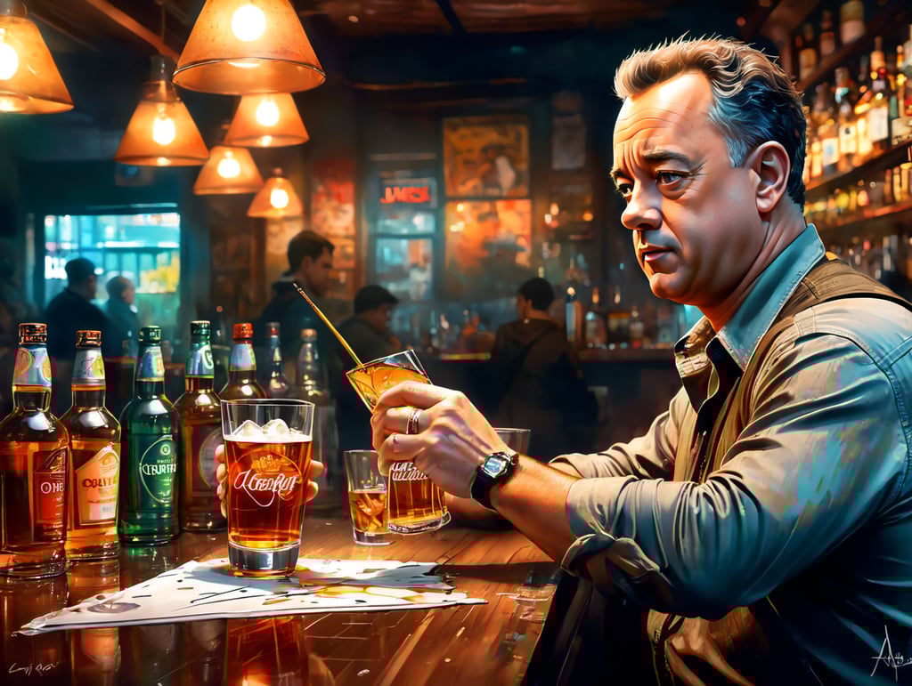 tom hanks down on his luck in a sleazy bar drinking scotch