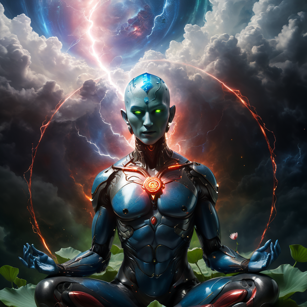 a cyborg write aura blue skin baldness white glowing eyes in lotus position air floating sky in to cosmos space green red blue lightning