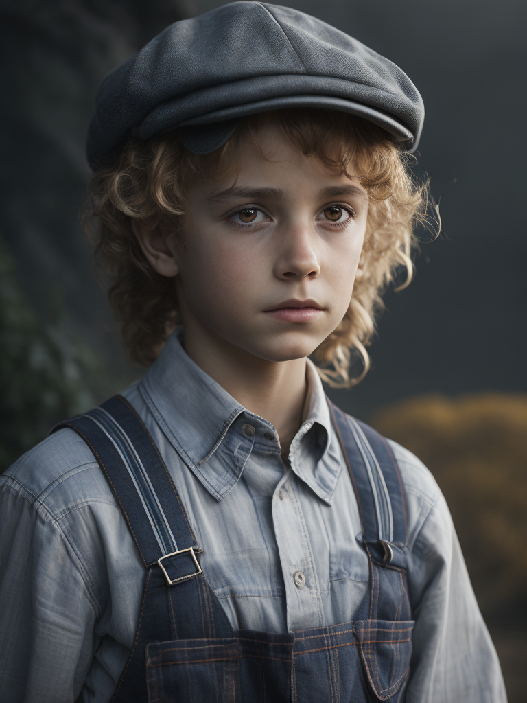 Young boy wearing a newsboys flat cap, curly blonde hair, deep amber eyes, overalls, red and white plaid button up shirt, hyper realistic, photorealism,