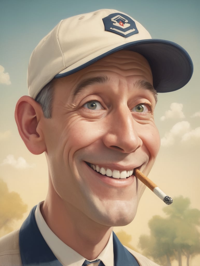 1950's style cartoon of a white man's face, with a golf cap on, looking to the side, smiling, smoking a cigarette, with big and wide eyes and a big smile.
