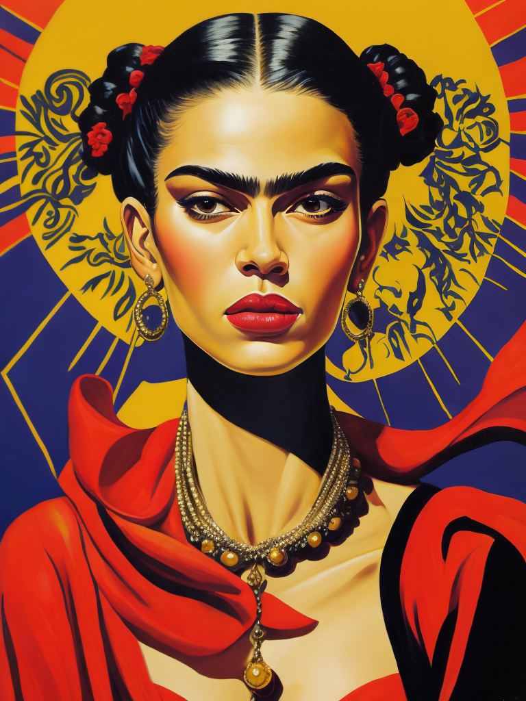 Bold color, vibrant spirit, Frida Kahlo, Tamara de Lempicka, surreal elements, strong features, Mexican and Art Deco influence, radiant energy, acrylics.