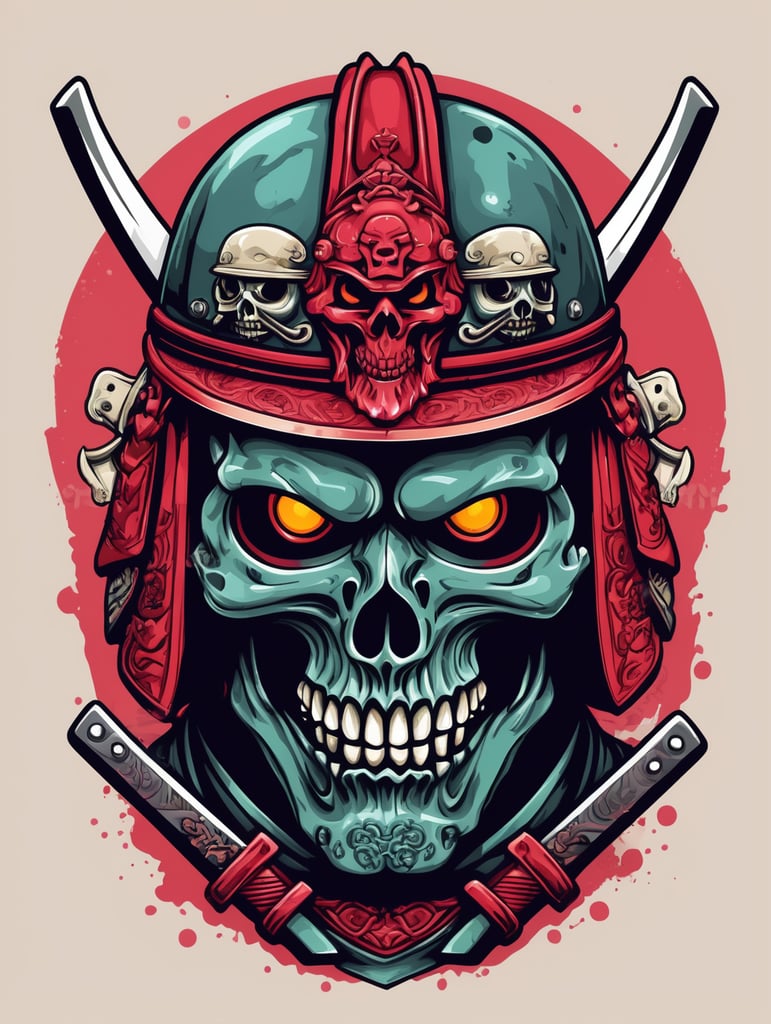 Zombie Skull with Japanese samurai helmet, mascot logo, e-gaming, bright colors, Gaming Logo, vector image