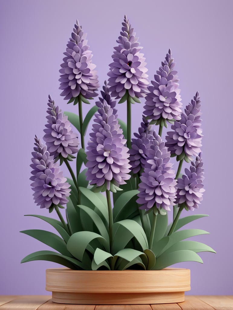lavender flowers made of paper on a wooden stand on a lavender background