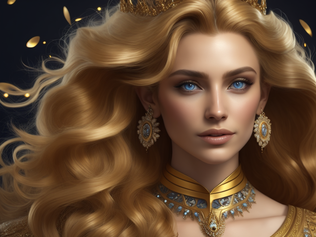 sultana, queen, blond golden wavy hair, blue eyes, Russian girl, lots of jewelry. gold.