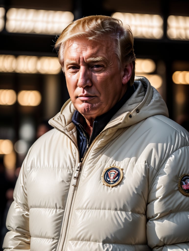 Professional photo glamour of Donald Trump looking stylish in a white puffer jacket