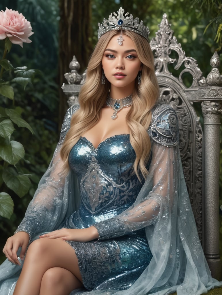 Photograph of a beautiful female queen looking like Lalisa Manoban sitting on a throne in a corner of a rose garden in a cool rainforest, detail of her beautiful plump face with perfect makeup, wearing a gorgeous holographic sequin dress with floral patterns, straight dark blonde hair with ombré, wearing a crown, body detail perfectly proportioned, perfect lighting, perfect anatomy, photorealism, hyper-detailing, hyper-realism, masterpiece, HD 8K resolution and blue gray eye color