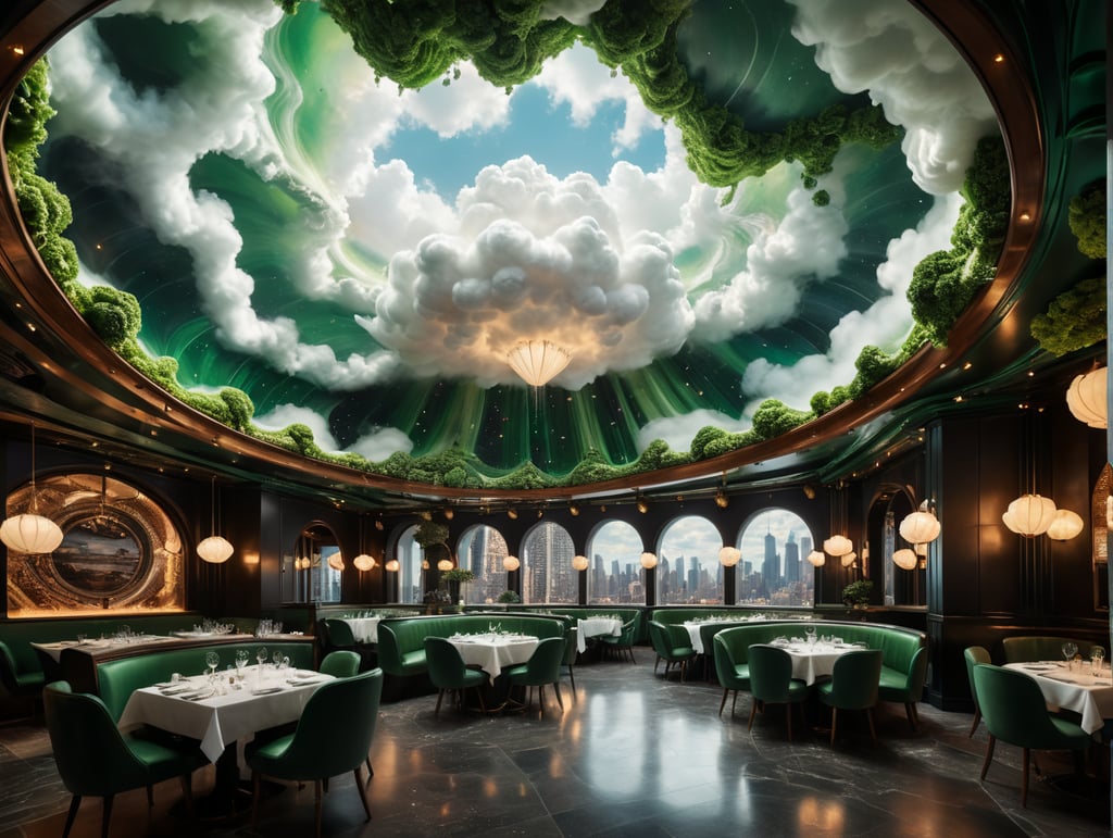 dream prompt: the craziest large viewing angle and large view lens architectural modern style hyper realistic hyper detailed neocosmic exterior architecture design of a cloud shape Fluid restaurant facade, geometric foam spectrum, green::1 white::3, Santiago Calatrava and Aaron Horkey architecture art styles, in new york city, soft ambient, night light, cinematic photo, natural lighting, camera nikon, 8k, --s1000 --style raw, you can imagine